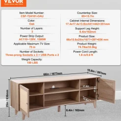 VEVOR Rattan TV Stand, Mid Century Modern TV Stand for 75 inch TV, Boho Rattan TV Cabinet with Build-in Socket and USB Ports, Adjustable Shelfs for Living Room, Media Room, Oak