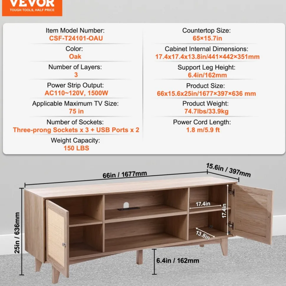 VEVOR Rattan TV Stand, Mid Century Modern TV Stand for 75 inch TV, Boho Rattan TV Cabinet with Build-in Socket and USB Ports, Adjustable Shelfs for Living Room, Media Room, Oak