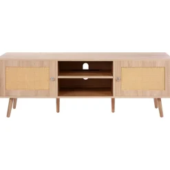 VEVOR Rattan TV Stand, Mid Century Modern TV Stand for 65 inch TV, Boho Rattan TV Cabinet with Build-in Socket and USB Ports, Adjustable Shelfs for Living Room, Media Room, Oak
