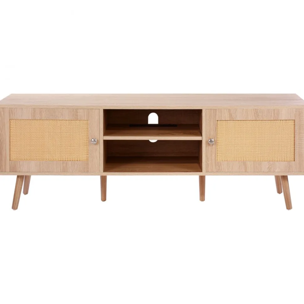 VEVOR Rattan TV Stand, Mid Century Modern TV Stand for 65 inch TV, Boho Rattan TV Cabinet with Build-in Socket and USB Ports, Adjustable Shelfs for Living Room, Media Room, Oak