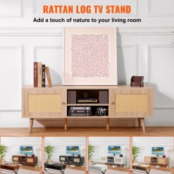 VEVOR Rattan TV Stand, Mid Century Modern TV Stand for 65 inch TV, Boho Rattan TV Cabinet with Build-in Socket and USB Ports, Adjustable Shelfs for Living Room, Media Room, Oak