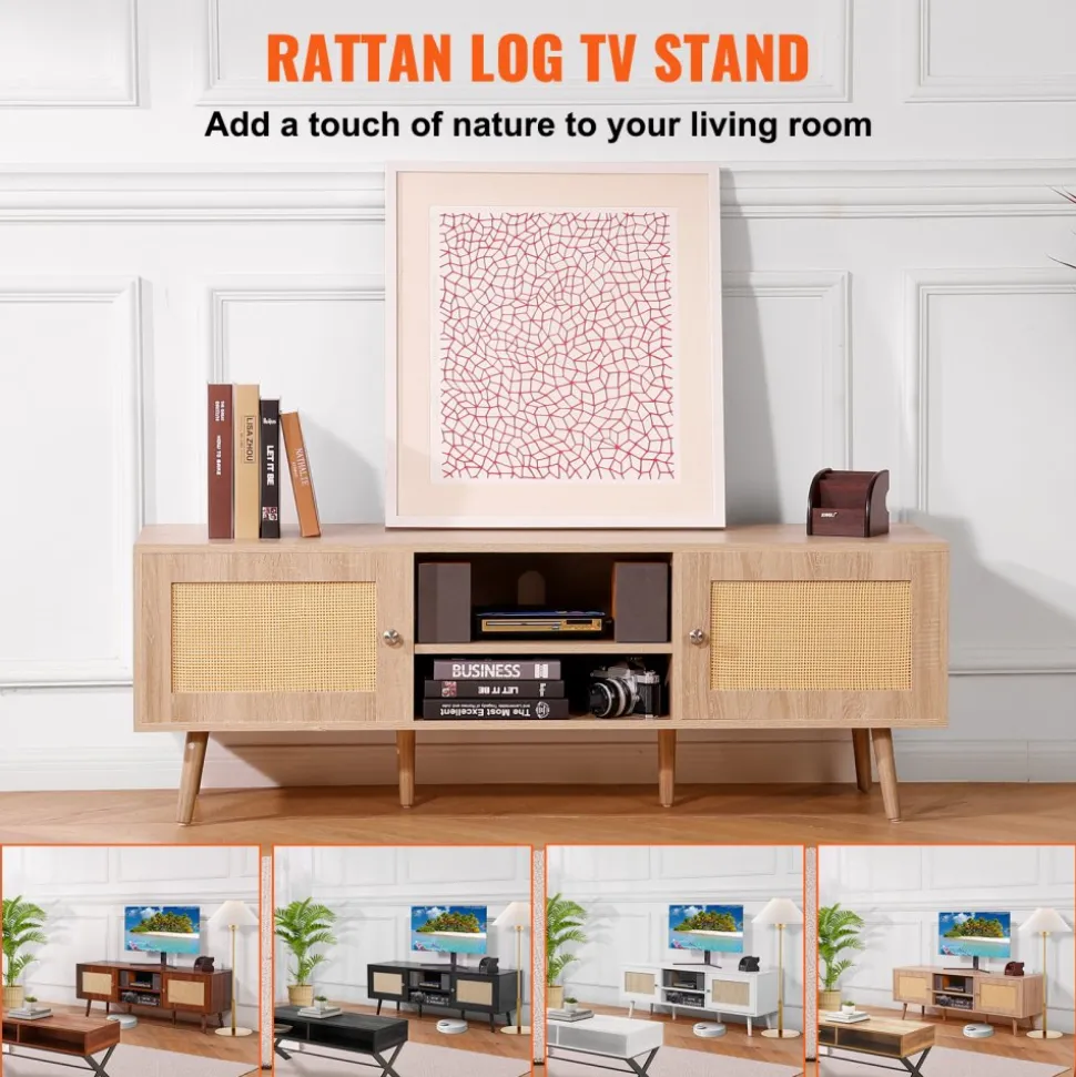 VEVOR Rattan TV Stand, Mid Century Modern TV Stand for 65 inch TV, Boho Rattan TV Cabinet with Build-in Socket and USB Ports, Adjustable Shelfs for Living Room, Media Room, Oak