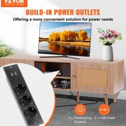VEVOR Rattan TV Stand, Mid Century Modern TV Stand for 65 inch TV, Boho Rattan TV Cabinet with Build-in Socket and USB Ports, Adjustable Shelfs for Living Room, Media Room, Oak