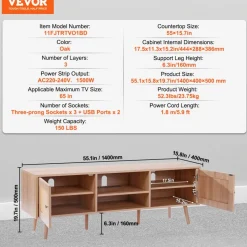 VEVOR Rattan TV Stand, Mid Century Modern TV Stand for 65 inch TV, Boho Rattan TV Cabinet with Build-in Socket and USB Ports, Adjustable Shelfs for Living Room, Media Room, Oak
