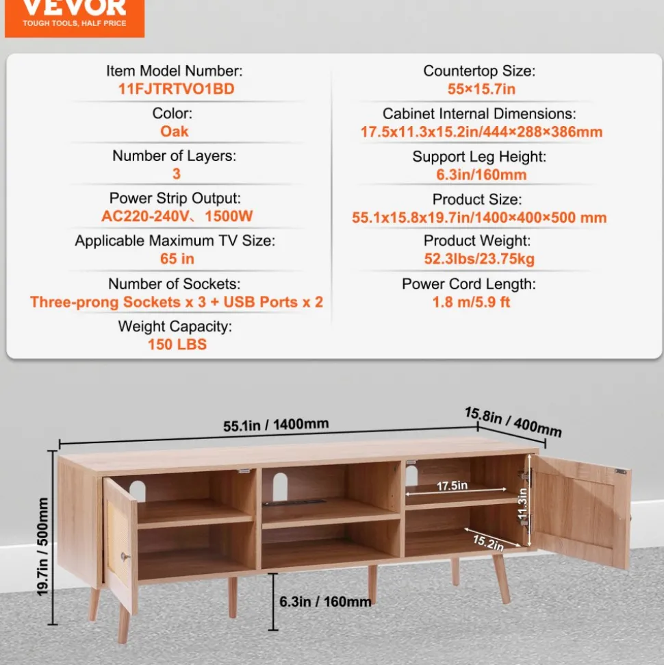 VEVOR Rattan TV Stand, Mid Century Modern TV Stand for 65 inch TV, Boho Rattan TV Cabinet with Build-in Socket and USB Ports, Adjustable Shelfs for Living Room, Media Room, Oak