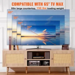 VEVOR Rattan TV Stand, Mid Century Modern TV Stand for 65 inch TV, Boho Rattan TV Cabinet with Build-in Socket and USB Ports, Adjustable Shelfs for Living Room, Media Room, Oak