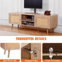 VEVOR Rattan TV Stand, Mid Century Modern TV Stand for 65 inch TV, Boho Rattan TV Cabinet with Build-in Socket and USB Ports, Adjustable Shelfs for Living Room, Media Room, Oak