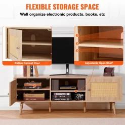VEVOR Rattan TV Stand, Mid Century Modern TV Stand for 65 inch TV, Boho Rattan TV Cabinet with Build-in Socket and USB Ports, Adjustable Shelfs for Living Room, Media Room, Oak