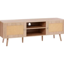 VEVOR Rattan TV Stand, Mid Century Modern TV Stand for 65 inch TV, Boho Rattan TV Cabinet with Build-in Socket and USB Ports, Adjustable Shelfs for Living Room, Media Room, Oak