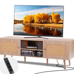 VEVOR Rattan TV Stand, Mid Century Modern TV Stand for 65 inch TV, Boho Rattan TV Cabinet with Build-in Socket and USB Ports, Adjustable Shelfs for Living Room, Media Room, Oak