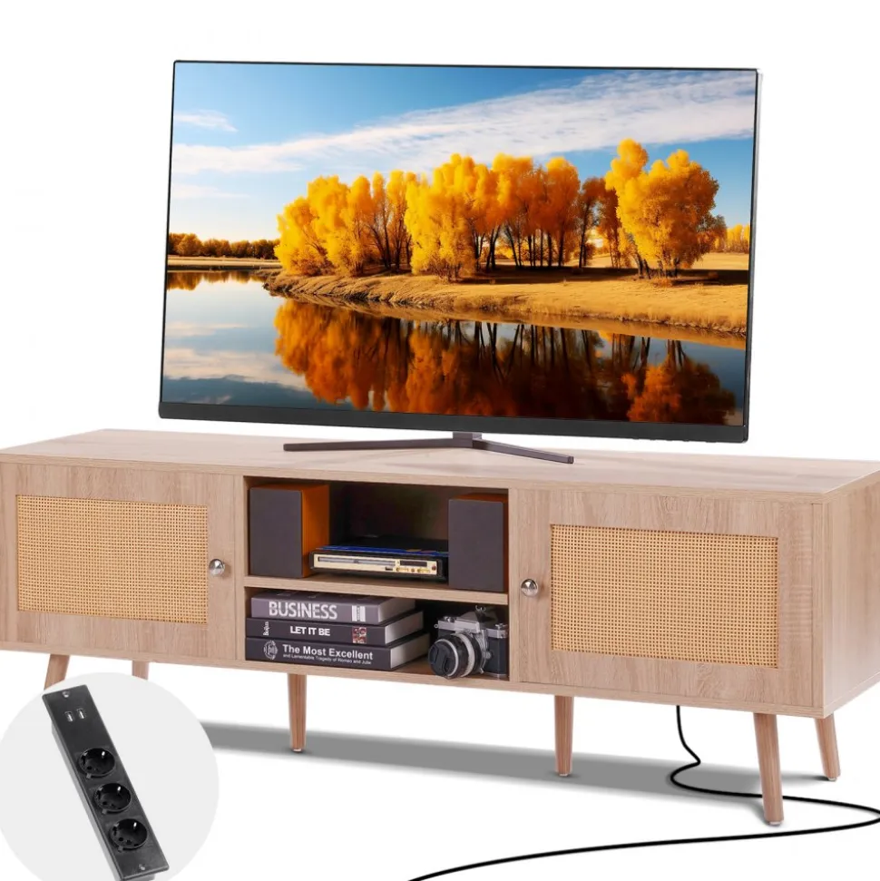 VEVOR Rattan TV Stand, Mid Century Modern TV Stand for 65 inch TV, Boho Rattan TV Cabinet with Build-in Socket and USB Ports, Adjustable Shelfs for Living Room, Media Room, Oak