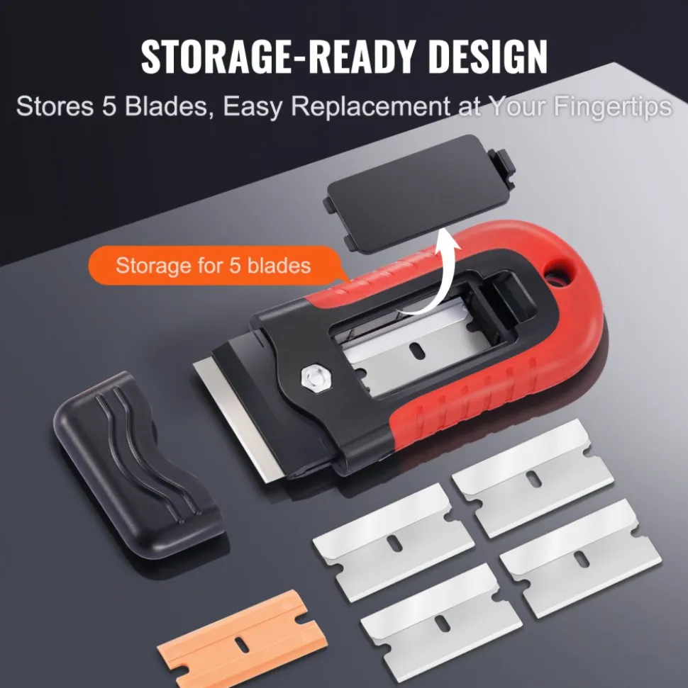 VEVOR Razor Blade Scraper, 15 Extra Blades, Locking Scraper Tool with Security Cap, Carbon Steel and POM Blades, for Cleaning Labels, Stickers, Decals, Paint from Glass Window Stovetop Cooktop Oven