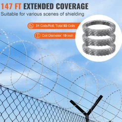 VEVOR Razor Wires, 147 ft Razor Barbed Wire, 3 Rolls Razor Wire Fencing Razor Fence, Razor Ribbon Barbed Wire Galvanized Razor Wire Fence, Rolls Razor for Garden