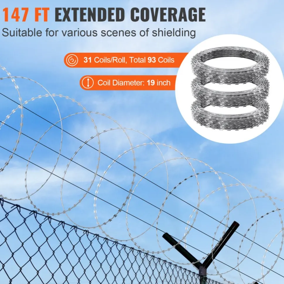 VEVOR Razor Wires, 147 ft Razor Barbed Wire, 3 Rolls Razor Wire Fencing Razor Fence, Razor Ribbon Barbed Wire Galvanized Razor Wire Fence, Rolls Razor for Garden