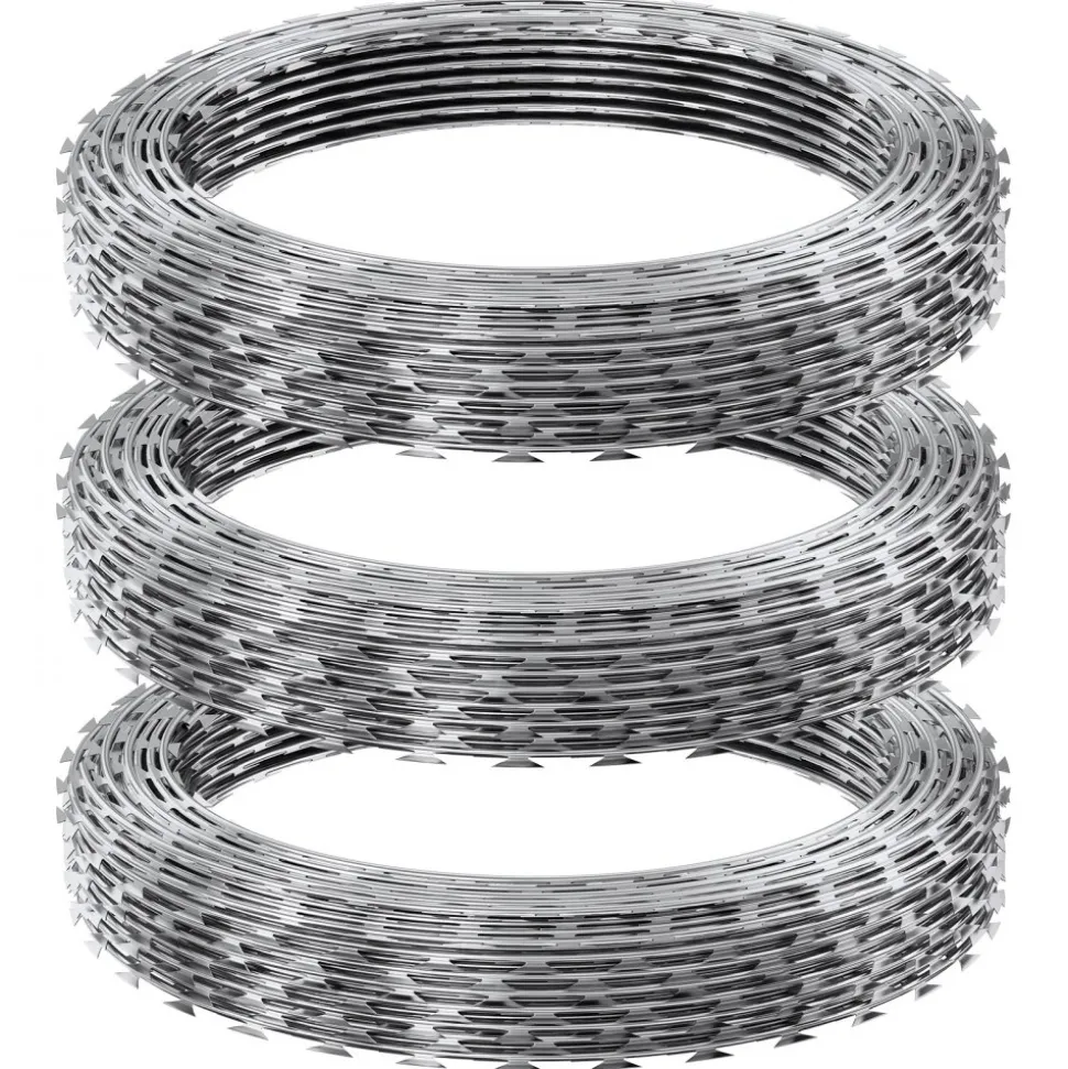 VEVOR Razor Wires, 147 ft Razor Barbed Wire, 3 Rolls Razor Wire Fencing Razor Fence, Razor Ribbon Barbed Wire Galvanized Razor Wire Fence, Rolls Razor for Garden