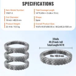 VEVOR Razor Wires, 147 ft Razor Barbed Wire, 3 Rolls Razor Wire Fencing Razor Fence, Razor Ribbon Barbed Wire Galvanized Razor Wire Fence, Rolls Razor for Garden