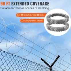 VEVOR Razor Wires, 98 ft Razor Barbed Wire, 2 Rolls Razor Wire Fencing Razor Fence, Razor Ribbon Barbed Wire Galvanized Razor Wire Fence, Rolls Razor for Garden