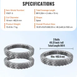 VEVOR Razor Wires, 98 ft Razor Barbed Wire, 2 Rolls Razor Wire Fencing Razor Fence, Razor Ribbon Barbed Wire Galvanized Razor Wire Fence, Rolls Razor for Garden