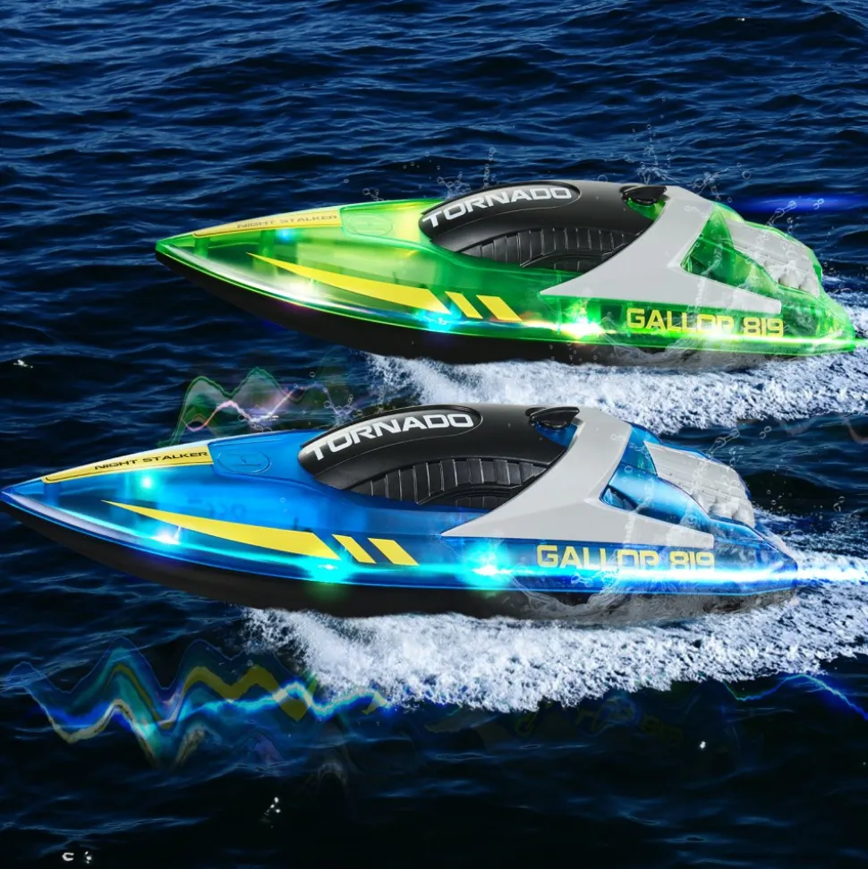VEVOR RC Boat, 2 Pack 2.4GHz 12 km/h, Remote Control Boat for Pools & Lakes, Racing Boat with LED Light, 4 Rechargeable Batteries, Whole Body Waterproof, Gift for Adults Boys & Girls, Blue & Green