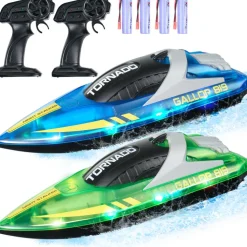 VEVOR RC Boat, 2 Pack 2.4GHz 12 km/h, Remote Control Boat for Pools & Lakes, Racing Boat with LED Light, 4 Rechargeable Batteries, Whole Body Waterproof, Gift for Adults Boys & Girls, Blue & Green