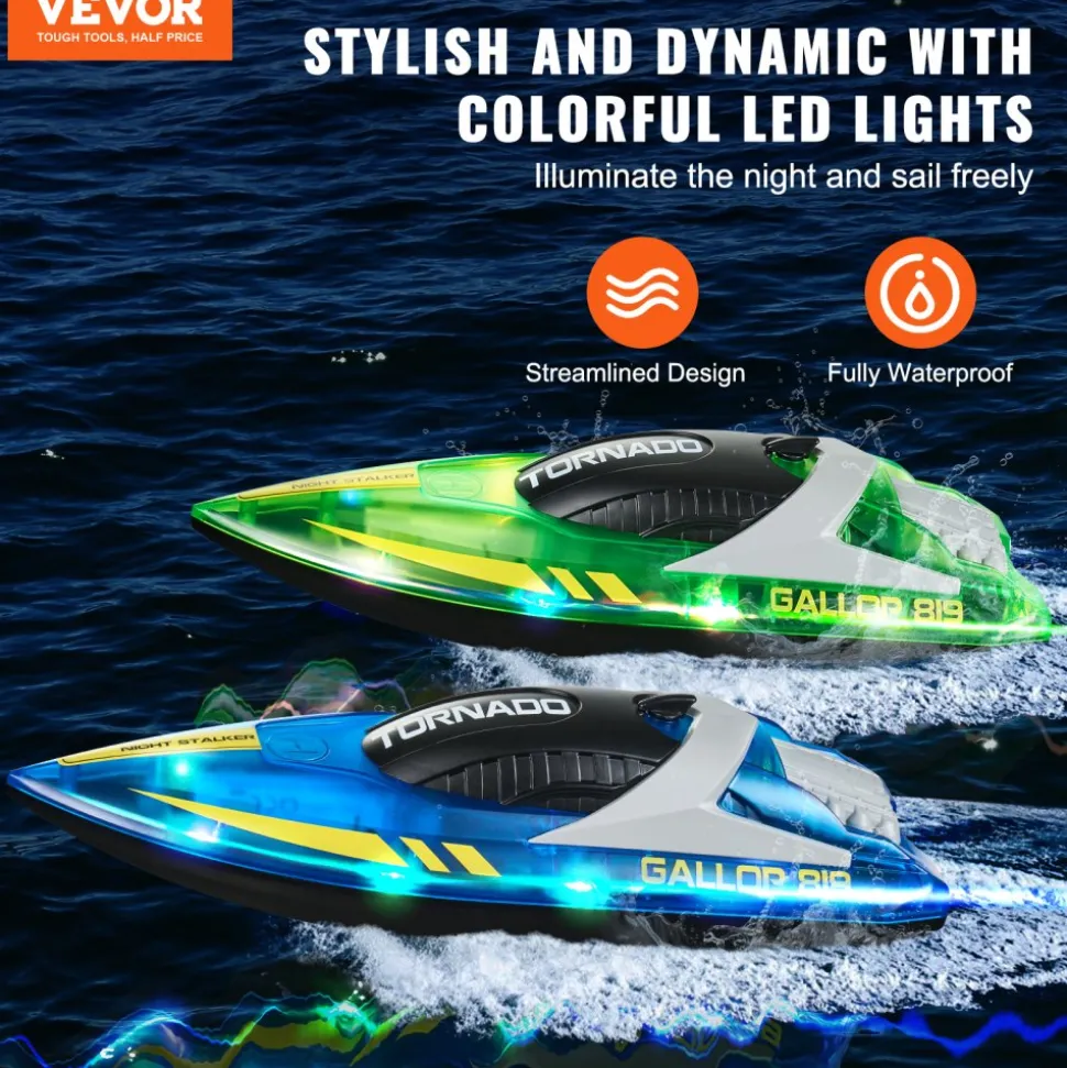 VEVOR RC Boat, 2 Pack 2.4GHz 12 km/h, Remote Control Boat for Pools & Lakes, Racing Boat with LED Light, 4 Rechargeable Batteries, Whole Body Waterproof, Gift for Adults Boys & Girls, Blue & Green