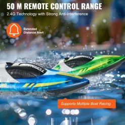 VEVOR RC Boat, 2 Pack 2.4GHz 12 km/h, Remote Control Boat for Pools & Lakes, Racing Boat with LED Light, 4 Rechargeable Batteries, Whole Body Waterproof, Gift for Adults Boys & Girls, Blue & Green
