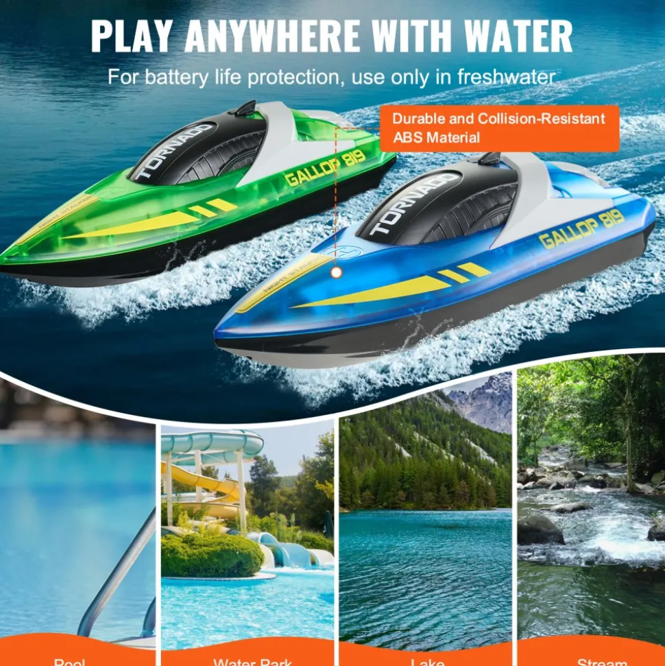 VEVOR RC Boat, 2 Pack 2.4GHz 12 km/h, Remote Control Boat for Pools & Lakes, Racing Boat with LED Light, 4 Rechargeable Batteries, Whole Body Waterproof, Gift for Adults Boys & Girls, Blue & Green