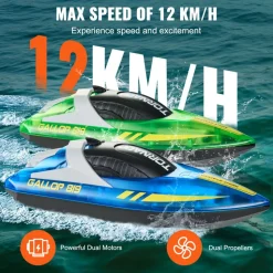 VEVOR RC Boat, 2 Pack 2.4GHz 12 km/h, Remote Control Boat for Pools & Lakes, Racing Boat with LED Light, 4 Rechargeable Batteries, Whole Body Waterproof, Gift for Adults Boys & Girls, Blue & Green