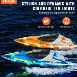 VEVOR RC Boat, 2 Pack 2.4GHz 12 km/h, Remote Control Boat for Pools & Lakes, Racing Boat with LED Light, 4 Rechargeable Batteries, Whole Body Waterproof, Gift for Adults Boys & Girls, Blue & Orange