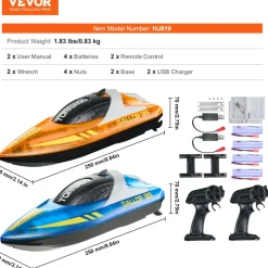 VEVOR RC Boat, 2 Pack 2.4GHz 12 km/h, Remote Control Boat for Pools & Lakes, Racing Boat with LED Light, 4 Rechargeable Batteries, Whole Body Waterproof, Gift for Adults Boys & Girls, Blue & Orange