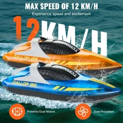 VEVOR RC Boat, 2 Pack 2.4GHz 12 km/h, Remote Control Boat for Pools & Lakes, Racing Boat with LED Light, 4 Rechargeable Batteries, Whole Body Waterproof, Gift for Adults Boys & Girls, Blue & Orange