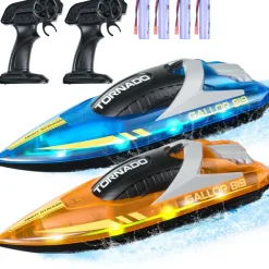 VEVOR RC Boat, 2 Pack 2.4GHz 12 km/h, Remote Control Boat for Pools & Lakes, Racing Boat with LED Light, 4 Rechargeable Batteries, Whole Body Waterproof, Gift for Adults Boys & Girls, Blue & Orange