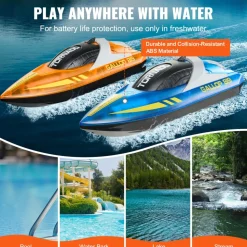 VEVOR RC Boat, 2 Pack 2.4GHz 12 km/h, Remote Control Boat for Pools & Lakes, Racing Boat with LED Light, 4 Rechargeable Batteries, Whole Body Waterproof, Gift for Adults Boys & Girls, Blue & Orange