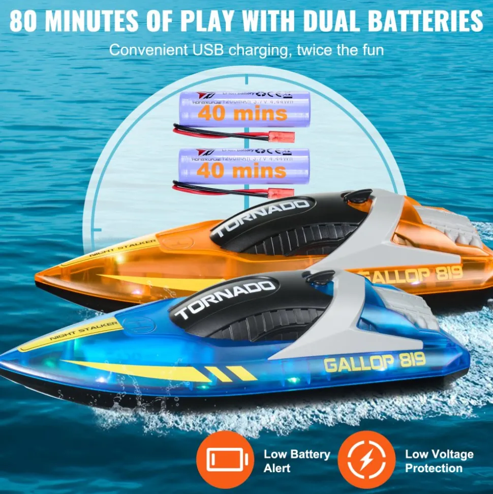 VEVOR RC Boat, 2 Pack 2.4GHz 12 km/h, Remote Control Boat for Pools & Lakes, Racing Boat with LED Light, 4 Rechargeable Batteries, Whole Body Waterproof, Gift for Adults Boys & Girls, Blue & Orange