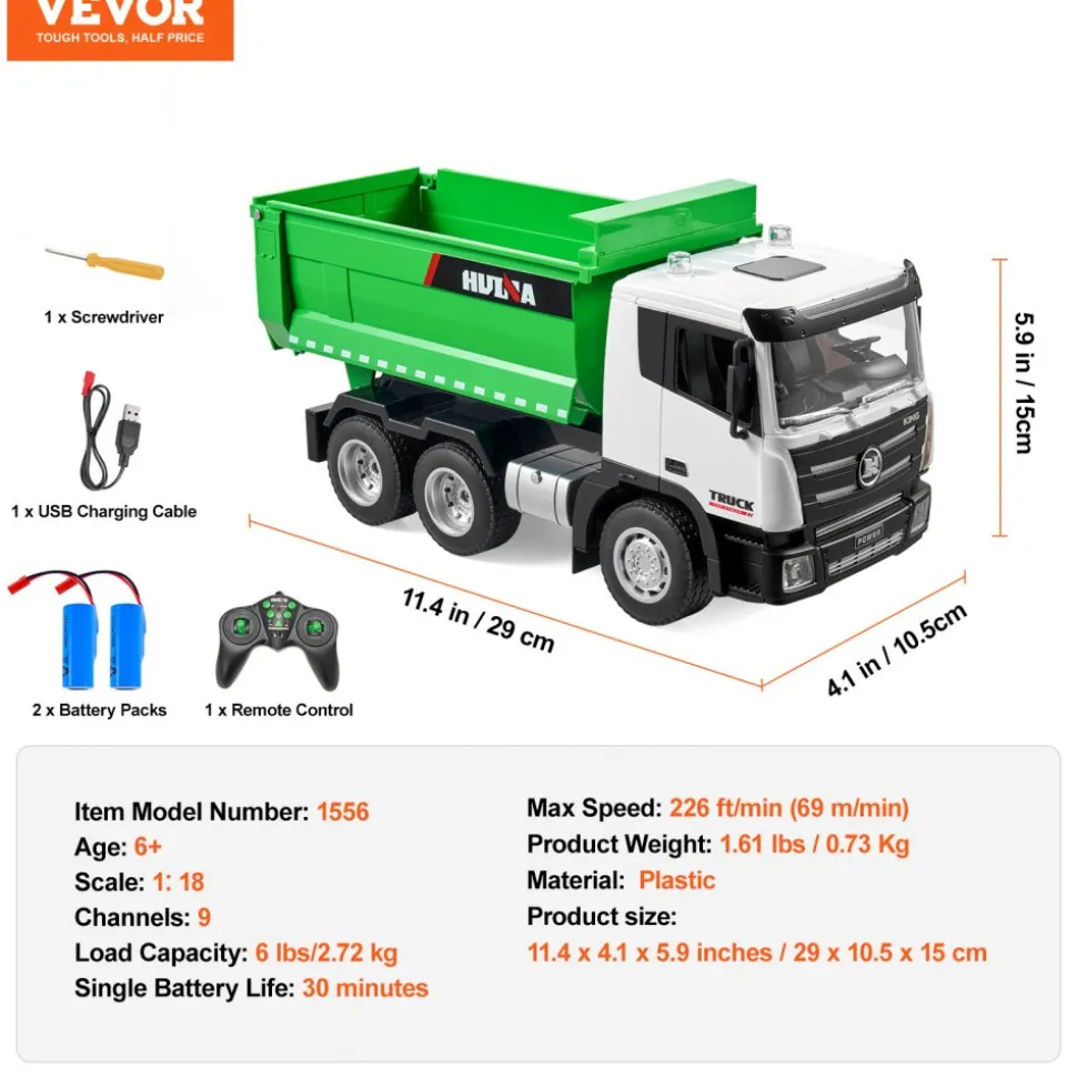 VEVOR RC Dump Truck Toy, 9-Channel 1:18 Scale, Remote Control Dump Truck RC Construction Vehicle Truck Toy with Light & 2 Rechargeable Batteries Birthday Gift for Toddlers Kids Boys and Girls Age 8+