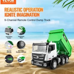 VEVOR RC Dump Truck Toy, 9-Channel 1:18 Scale, Remote Control Dump Truck RC Construction Vehicle Truck Toy with Light & 2 Rechargeable Batteries Birthday Gift for Toddlers Kids Boys and Girls Age 8+