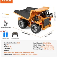 VEVOR RC Dump Truck Toy, 9-Channel 1:18 Scale, Remote Control Dump Truck RC Construction Vehicle Truck Toy with Metal Bed & Light, 2 Rechargeable Batteries for Toddlers Kids Boys and Girls Age 8+