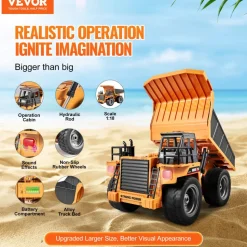 VEVOR RC Dump Truck Toy, 9-Channel 1:18 Scale, Remote Control Dump Truck RC Construction Vehicle Truck Toy with Metal Bed & Light, 2 Rechargeable Batteries for Toddlers Kids Boys and Girls Age 8+
