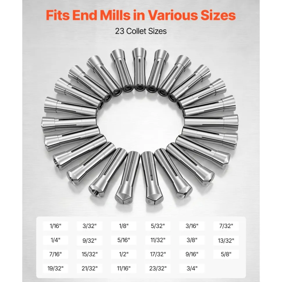 VEVOR R8 Collet Set 1/16"-3/4" 23 Piece R8 Precision Mill Collet Chuck Set, for Milling Machine Drill Presses, 0.0008" TIR High Concentricity, Lathe Chuck Tool with Labeled Storage Box, Alloy Steel