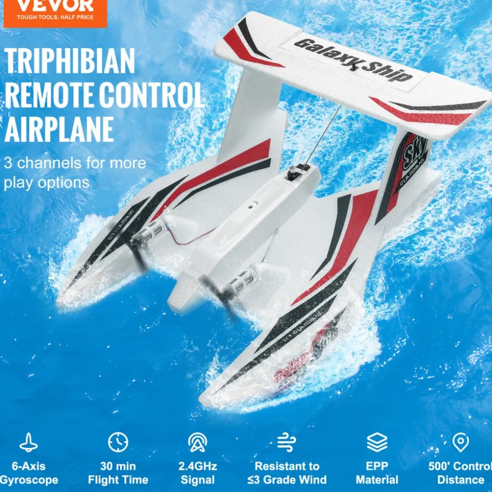 VEVOR RC Plane, 2.4GHZ 3 Channel Remote Control Airplane with 6-Axis Gyro Stabilizer, Ready to Fly Amphibious Aircraft Plane Toy with 2 Batteries, Easy to Fly RC Glider for Adults Kids Beginners Boys