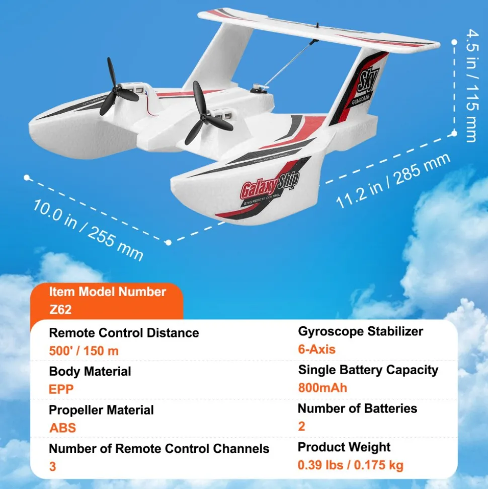 VEVOR RC Plane, 2.4GHZ 3 Channel Remote Control Airplane with 6-Axis Gyro Stabilizer, Ready to Fly Amphibious Aircraft Plane Toy with 2 Batteries, Easy to Fly RC Glider for Adults Kids Beginners Boys