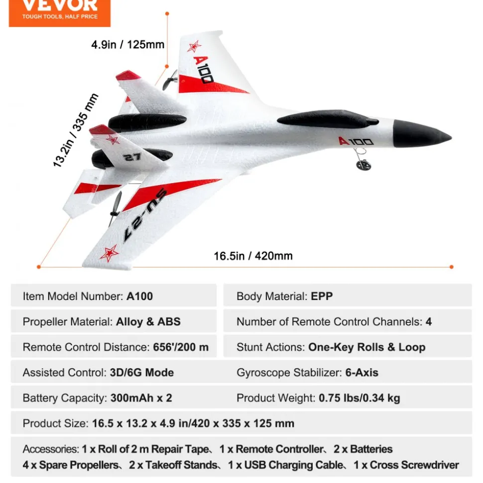 VEVOR RC Plane, 2.4GHZ 4 Channel Remote Control Airplane with 6-Axis Gyro Stabilizer, Ready to Fly Fighter Aircraft Plane Toy with 2 Batteries, Easy to Fly RC Glider for Adults Kids Beginners Boys