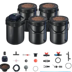 VEVOR RDWC Hydroponics Grow System, Hydroponic Growing Kit with Top Drip, Recirculating Deep Water Culture 4 Buckles and 1 Reservoir, with Air Pump and Water Level Device for Leafy Vegetables