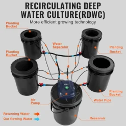 VEVOR RDWC Hydroponics Grow System, Hydroponic Growing Kit with Top Drip, Recirculating Deep Water Culture 4 Buckles and 1 Reservoir, with Air Pump and Water Level Device for Leafy Vegetables