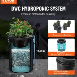 VEVOR RDWC Hydroponics Grow System, Hydroponic Growing Kit with Top Drip, Recirculating Deep Water Culture 4 Buckles and 1 Reservoir, with Air Pump and Water Level Device for Leafy Vegetables
