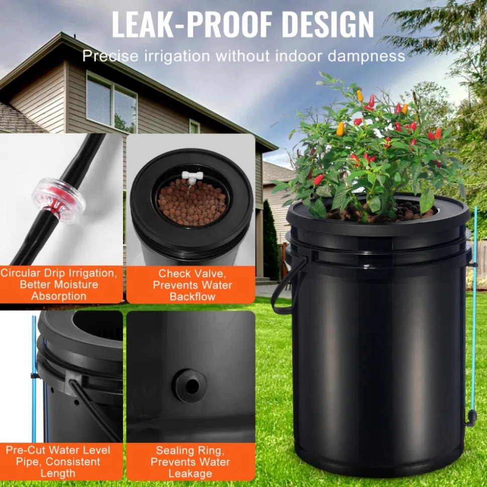VEVOR RDWC Hydroponics Grow System, Hydroponic Growing Kit with Top Drip, Recirculating Deep Water Culture 4 Buckles and 1 Reservoir, with Air Pump and Water Level Device for Leafy Vegetables