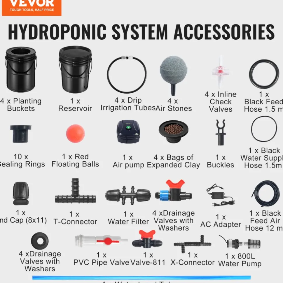 VEVOR RDWC Hydroponics Grow System, Hydroponic Growing Kit with Top Drip, Recirculating Deep Water Culture 4 Buckles and 1 Reservoir, with Air Pump and Water Level Device for Leafy Vegetables