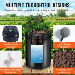 VEVOR RDWC Hydroponics Grow System, Hydroponic Growing Kit with Top Drip, Recirculating Deep Water Culture 4 Buckles and 1 Reservoir, with Air Pump and Water Level Device for Leafy Vegetables