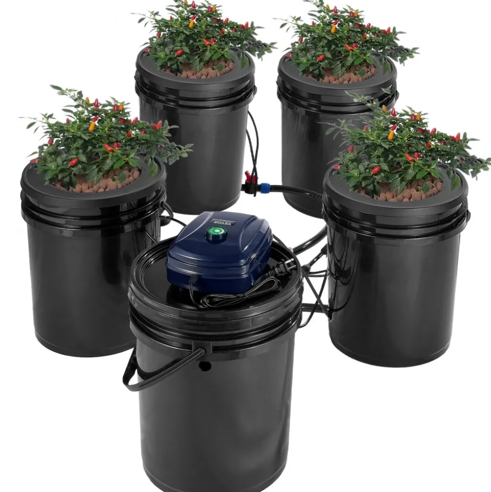 VEVOR RDWC Hydroponics Grow System, Hydroponic Growing Kit with Top Drip, Recirculating Deep Water Culture 4 Buckles and 1 Reservoir, with Air Pump and Water Level Device for Leafy Vegetables