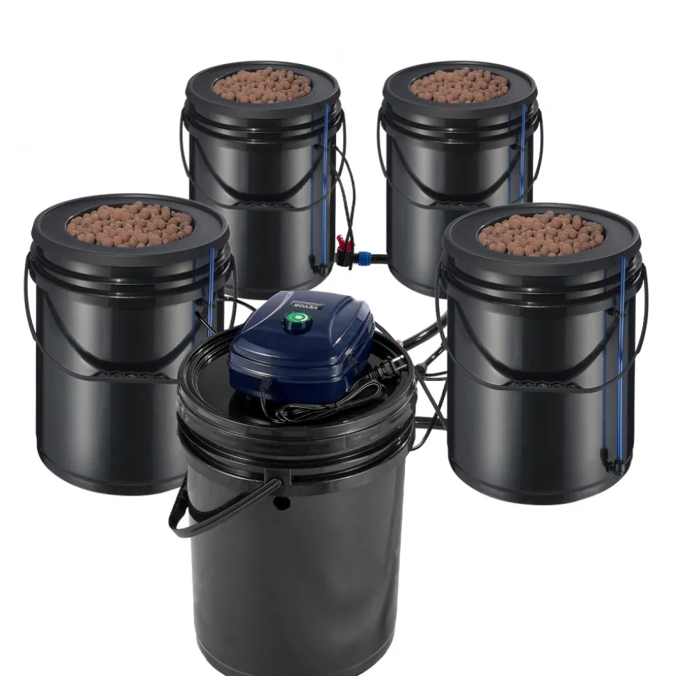 VEVOR RDWC Hydroponics Grow System, Hydroponic Growing Kit with Top Drip, Recirculating Deep Water Culture 4 Buckles and 1 Reservoir, with Air Pump and Water Level Device for Leafy Vegetables